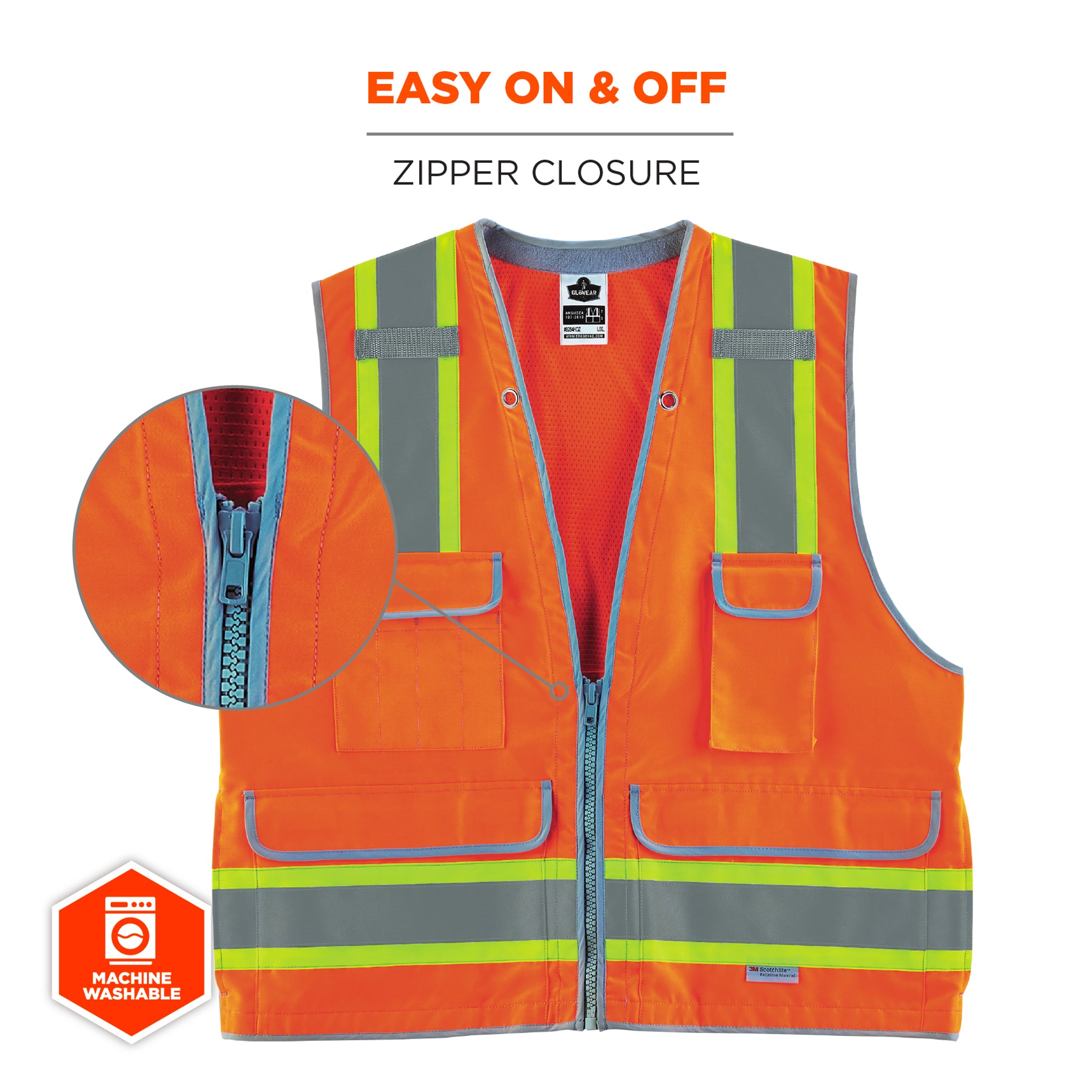 Ergodyne Glowear 8254HDZ Two-Tone Heavy-Duty Surveyors Vest - Type R, Class 2, Zipper - Orange