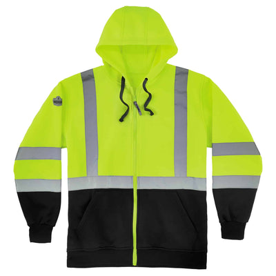 Ergodyne GloWear 8372 Zip-Up Hi-Vis Hooded Sweatshirt - Type R, Class 3, Black Bottom - Lime