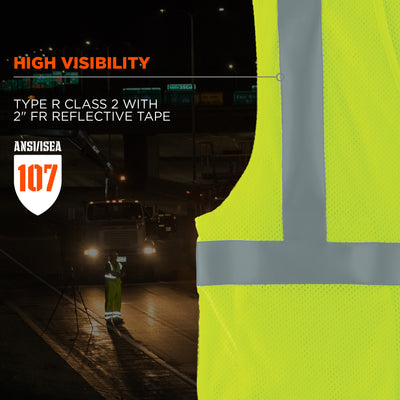 Ergodyne GloWear 8263FRHL Hi-Vis FR Safety Vest - Class 2, NFPA 70E, Mesh, Hook & Loop, Economy - Lime