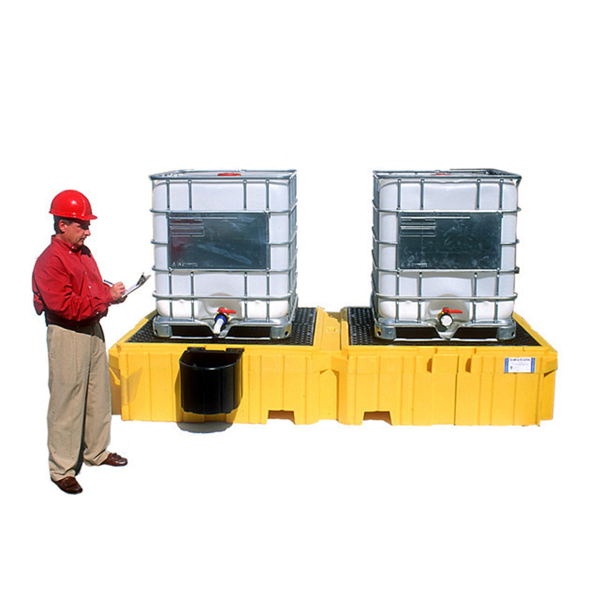 UltraTech Twin IBC Spill Pallet With 1 left side bucket shelf - With Drain. - 1146