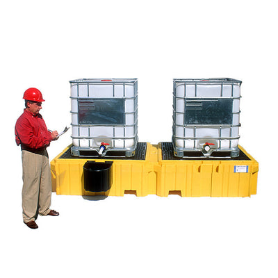 UltraTech Twin IBC Spill Pallet With 1 left side bucket shelf - With Drain. - 1146