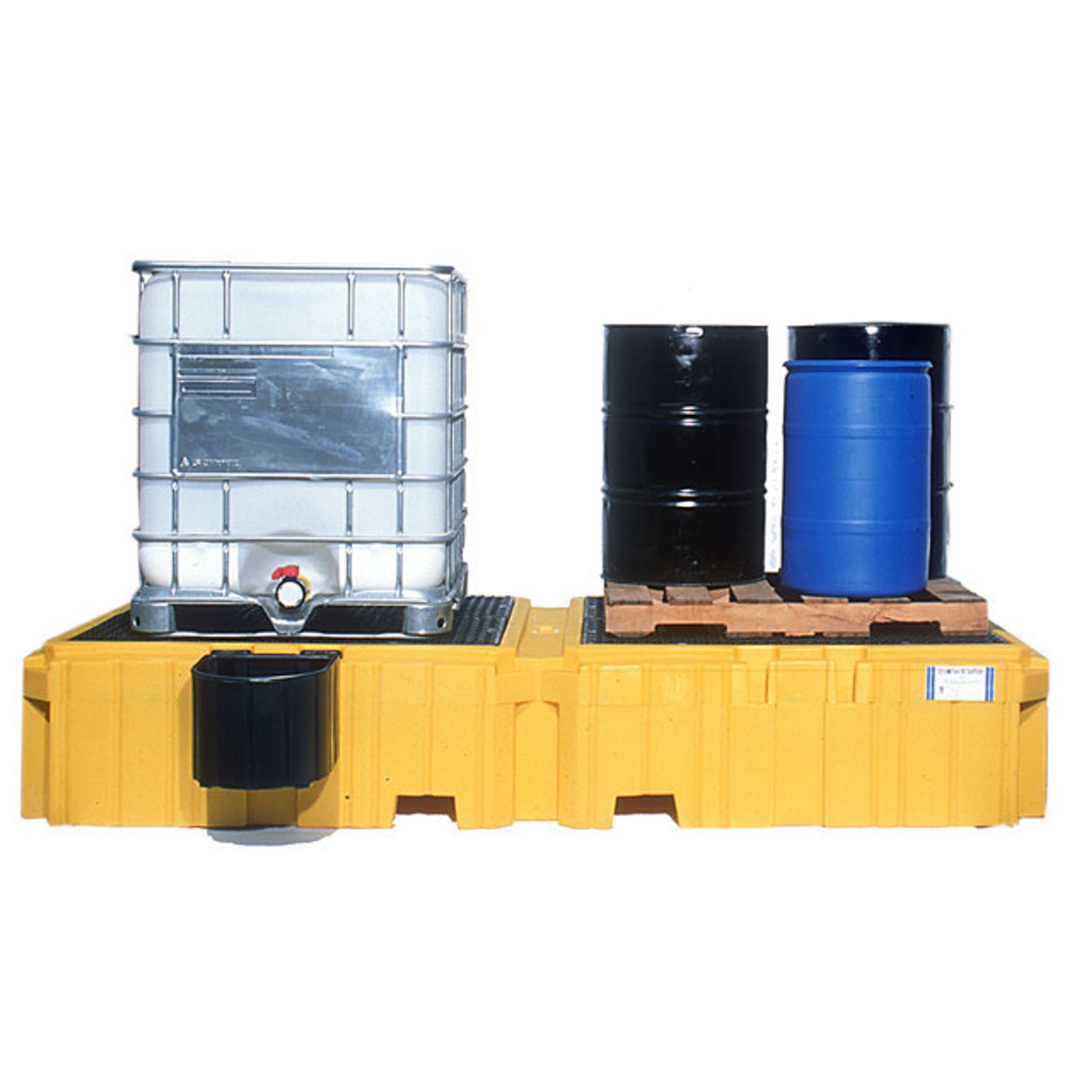 UltraTech Twin IBC Spill Pallet With 1 left side bucket shelf - With Drain - 1146