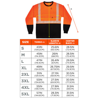Ergodyne GloWear 8281BK Hi-Vis Performance Long Sleeve T-Shirt - Type R, Class 2, Black Bottom - Orange