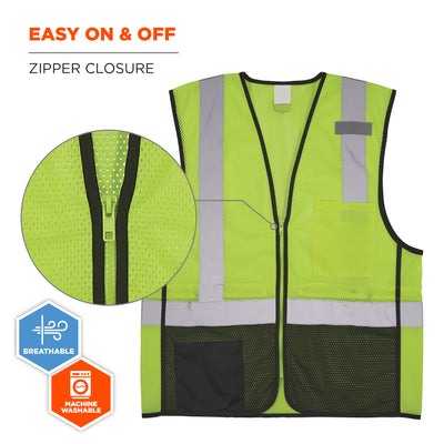 Ergodyne GloWear 8210Z-BK Mesh Hi-Vis Safety Vest - Type R, Class 2, Zipper, Black Bottom - Lime