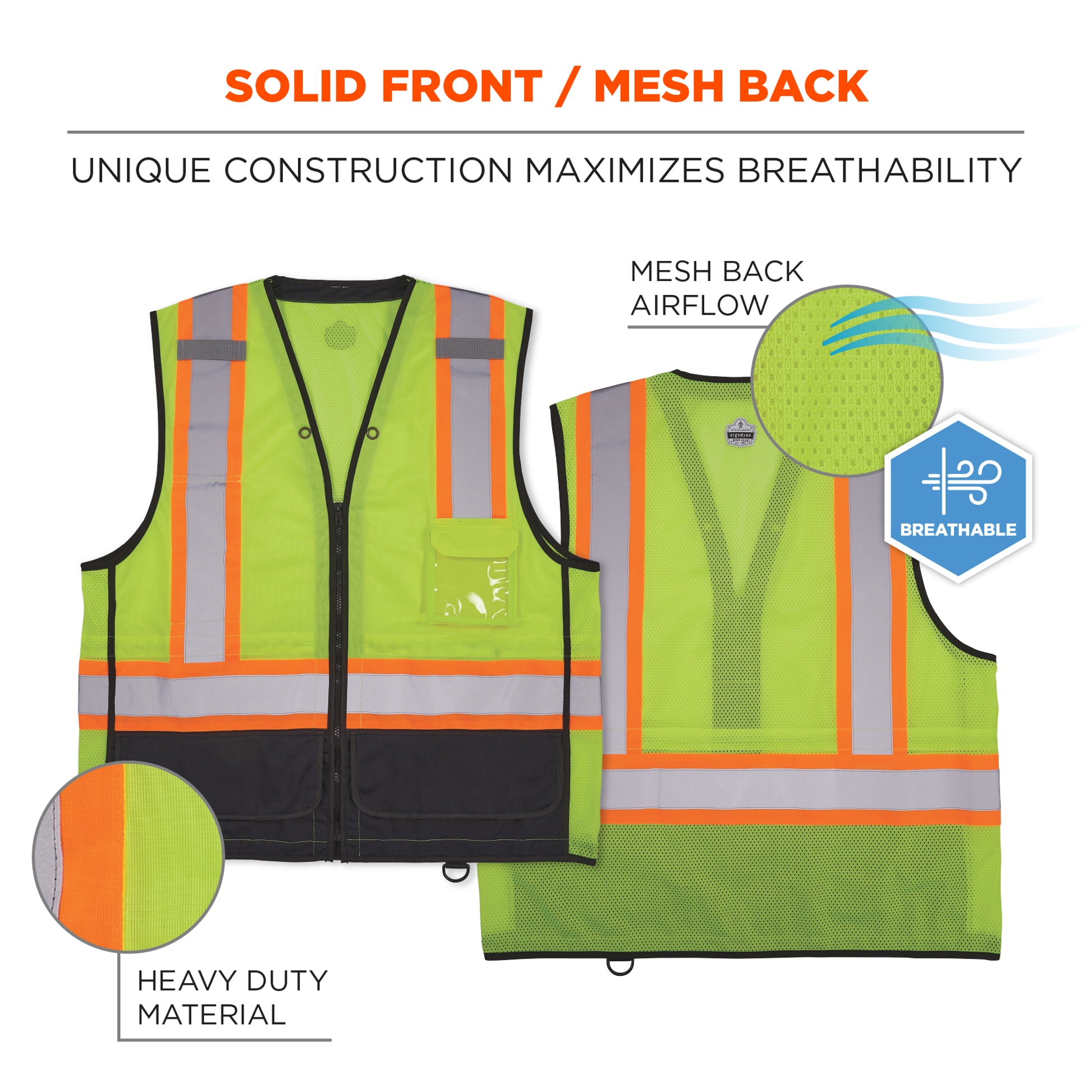 Ergodyne GloWear 8251HDZ-BK Two-Tone Hi-Vis Safety Vest - Type R, Class 2, Zipper, Black Bottom - Lime