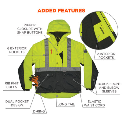 Ergodyne GloWear 8275 Heavy-Duty Hi-Vis Workwear Jacket - Sherpa Lined, Water-Resistant, Class 2, Type R - Lime