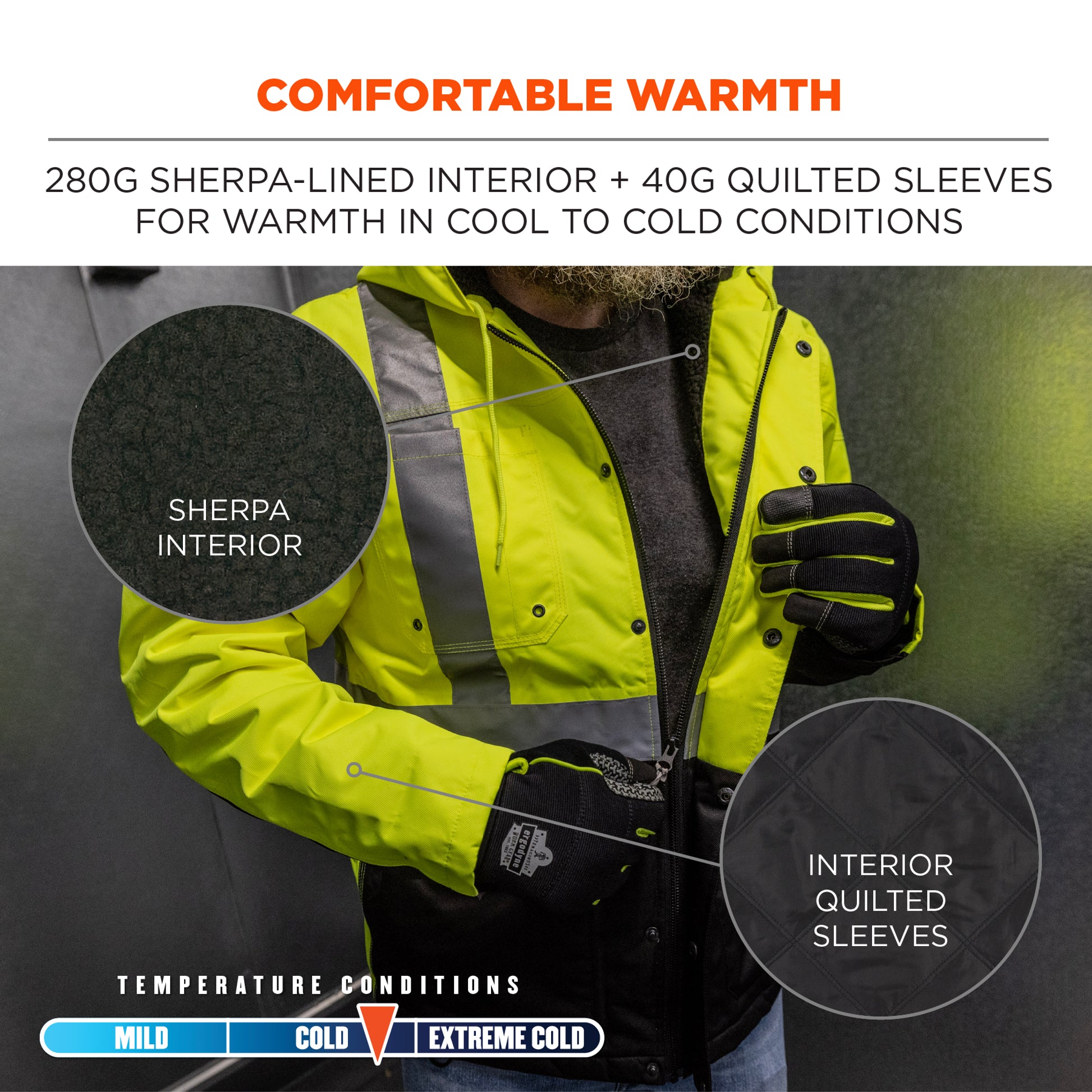 Ergodyne GloWear 8275 Heavy-Duty Hi-Vis Workwear Jacket - Sherpa Lined, Water-Resistant, Class 2, Type R - Lime