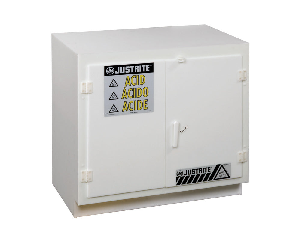 Justrite Undercounter Corrosives/Acid Safety Cabinet - Cap. Thirty-Six 2-1/2 Ltr Bottles - 2 Door - Poly - White - 24010