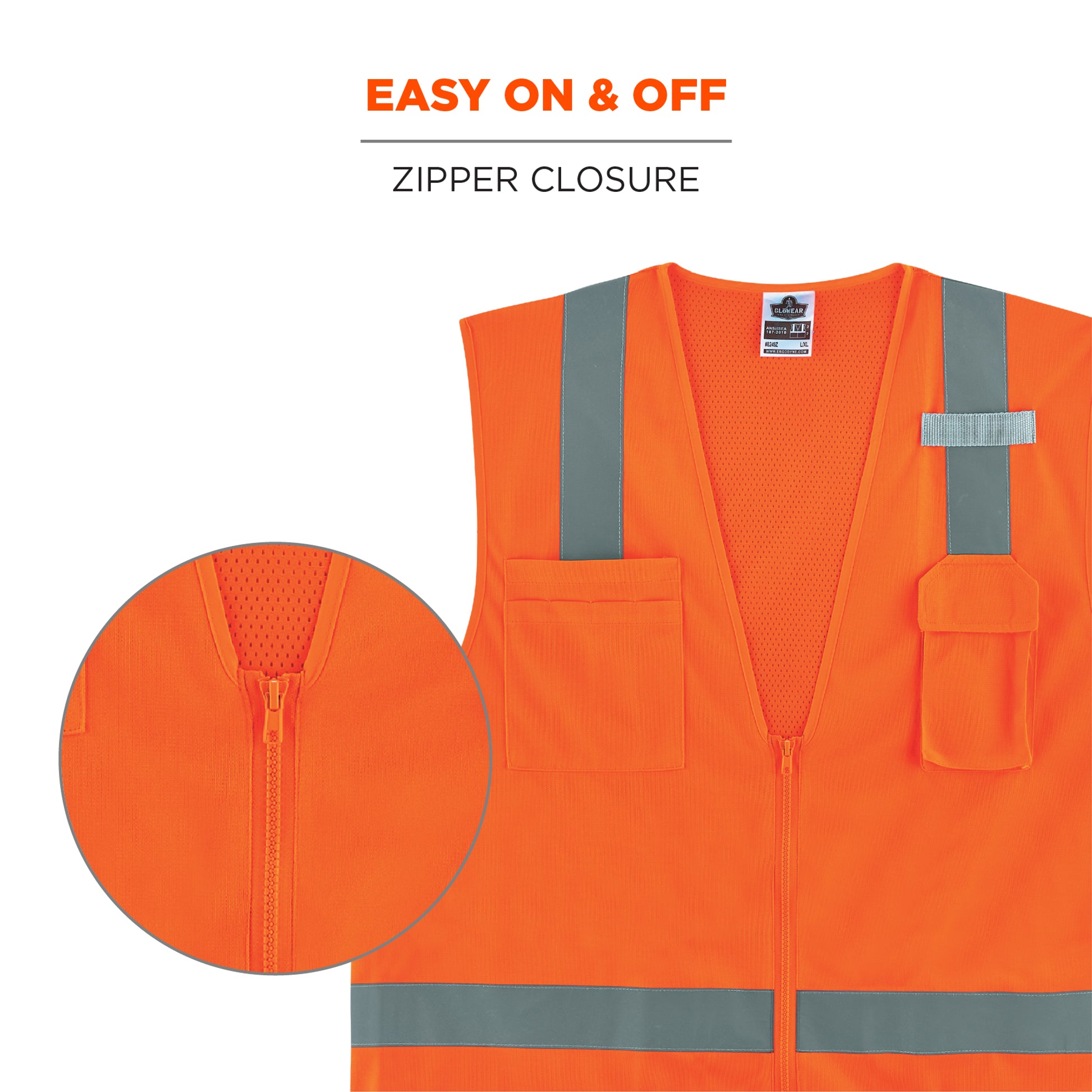 Ergodyne GloWear 8249Z Hi-Vis Surveyors Vest - Type R, Class 2, Zipper, Economy - Orange