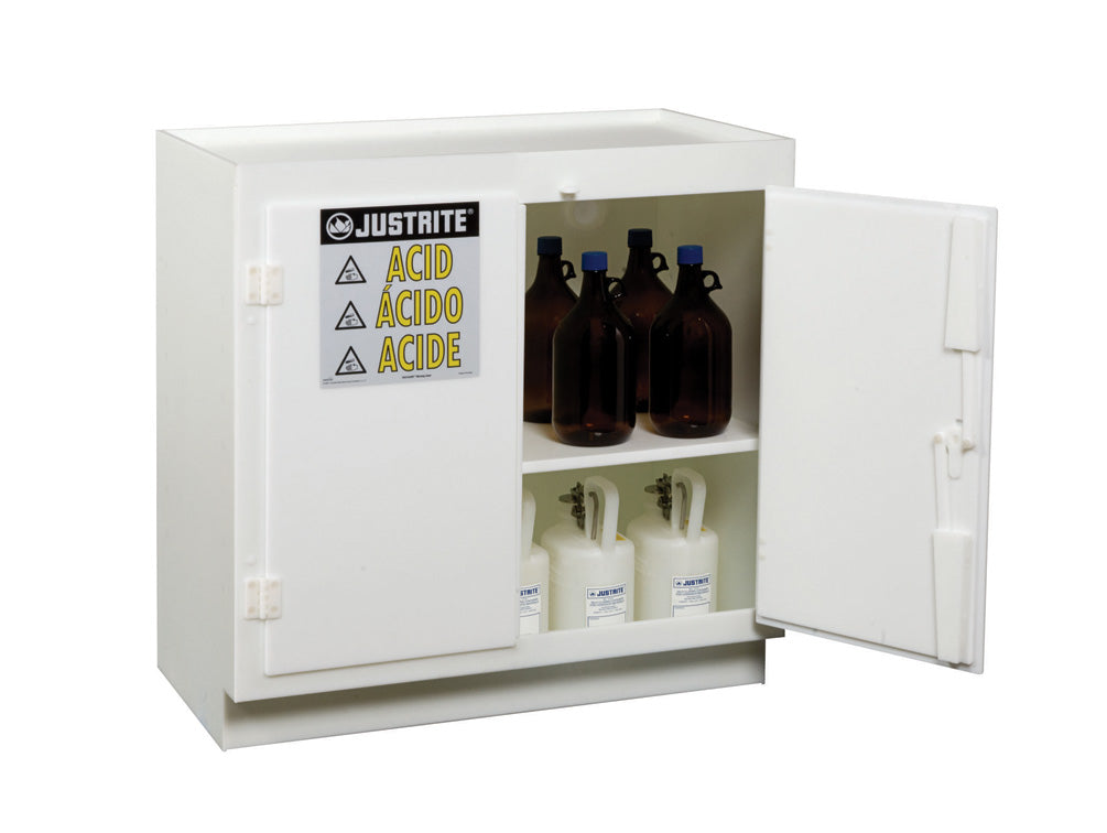Justrite Freestanding Corrosives/Acid Safety Cabinet - Cap. Thirty-Six 2-1/2 Ltr Bottles - 2 Door - Poly - White - 24015