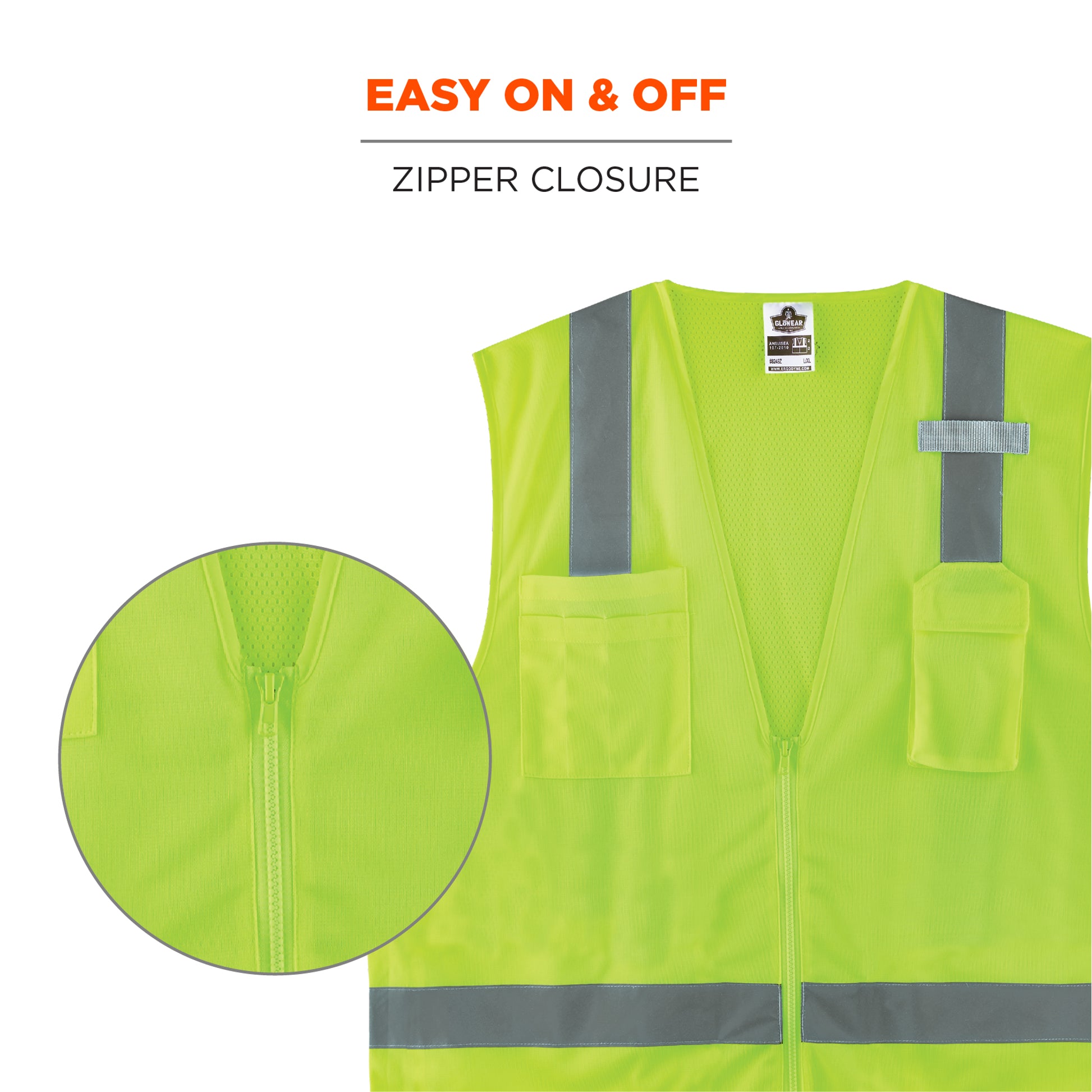 Ergodyne GloWear 8249Z Hi-Vis Surveyors Vest - Type R, Class 2, Zipper, Economy - Lime