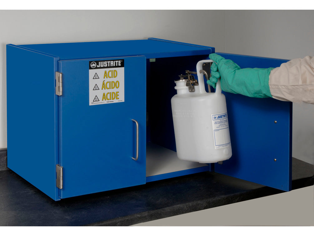 Justrite Wood Laminate Corrosives Countertop Safety Cabinet - Cap. Six 2-1/2 Liter Bottles - 2 Doors - Blue - 24120
