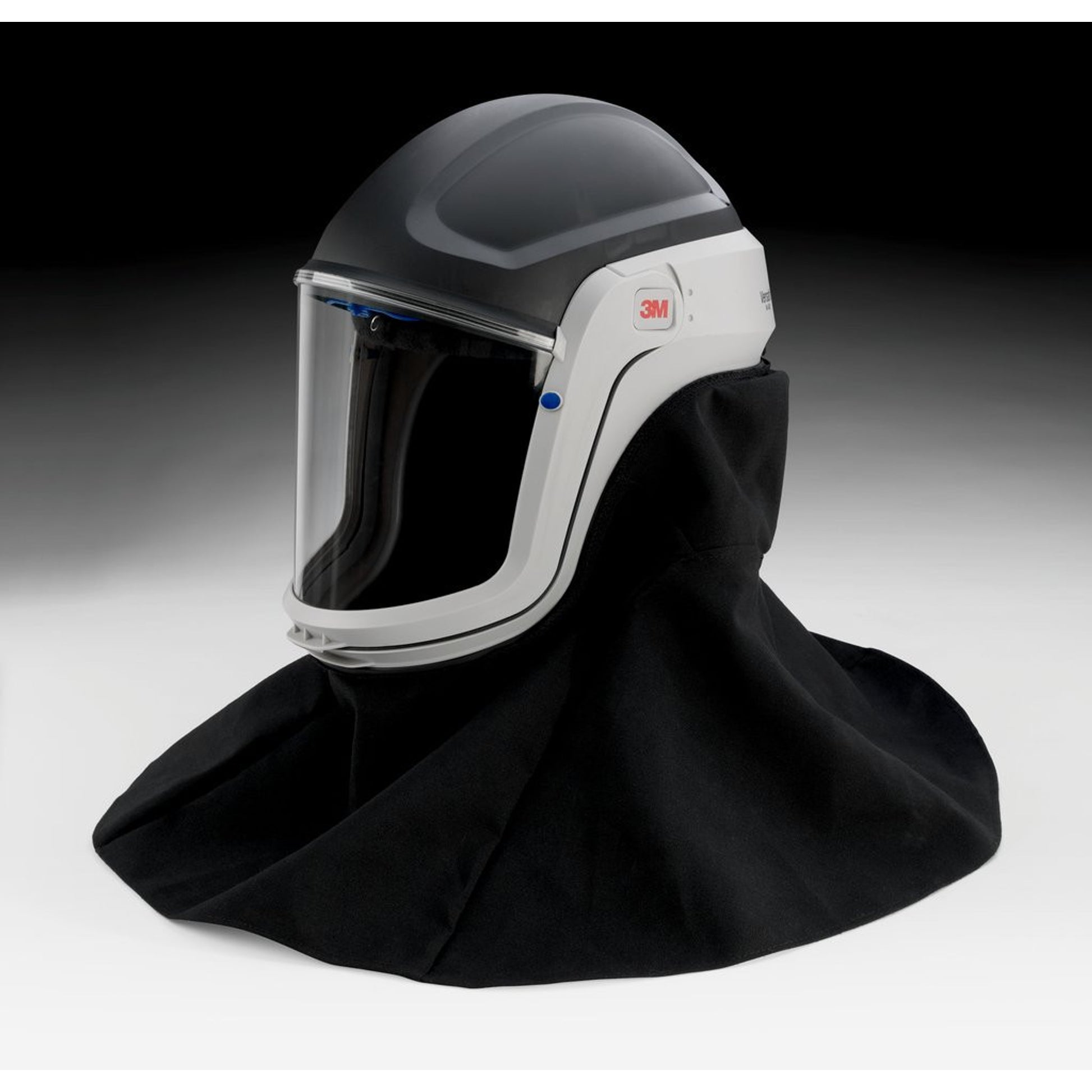 The M-407 Assembly includes a M-927 Premium Visor, M-444 Inner Collar, and M-447 Flame Resistant Outer Shroud.  The M-927 visor is made of coated polycarbonate.  The M-447 shroud is made of Nomex® flame resistant fibers.
