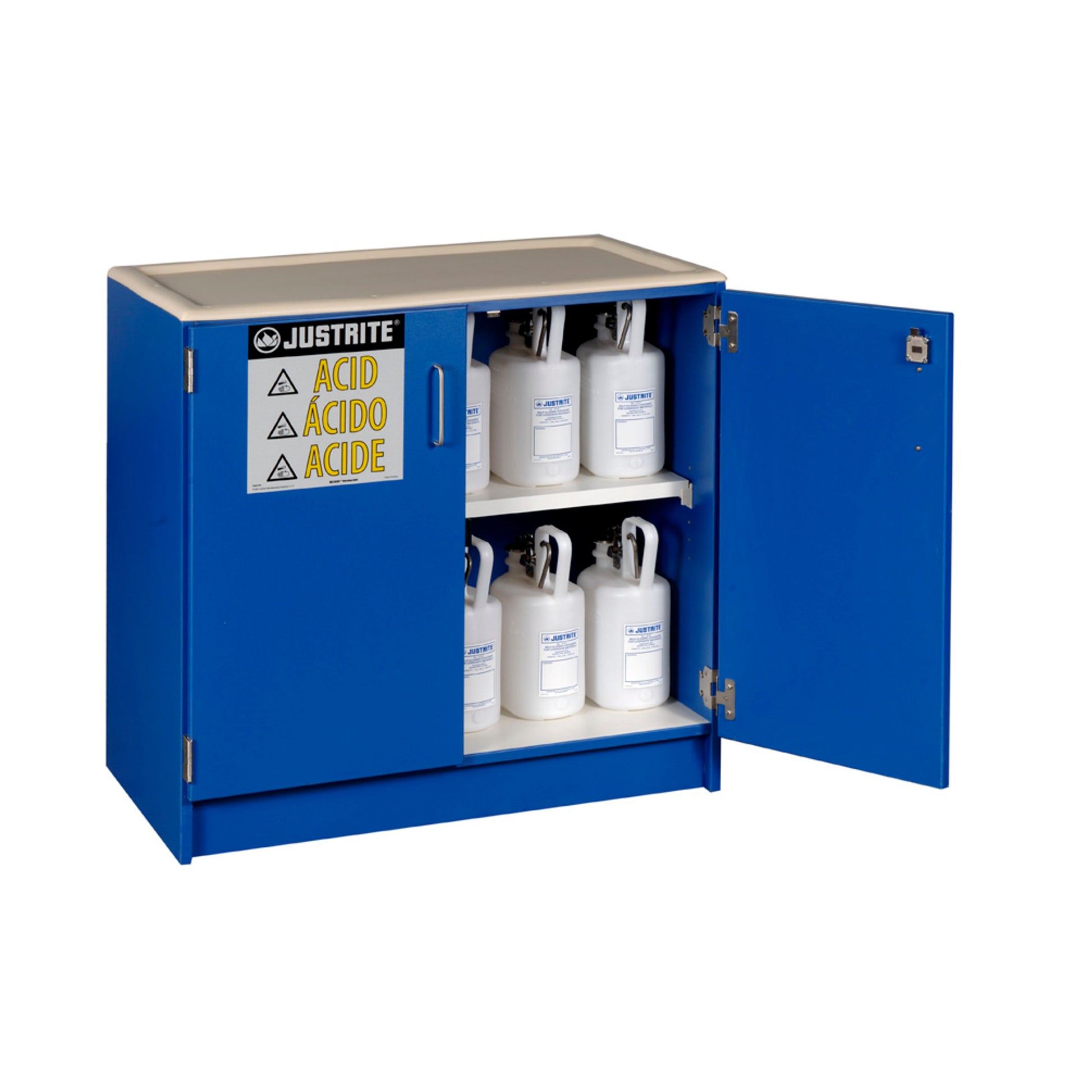 Justrite Wood Laminate Corrosives Undercounter Safety Cabinet - Cap. Thirty-Six 2-1/2 Ltr Bottles - 2 Dr - Blue - 24140