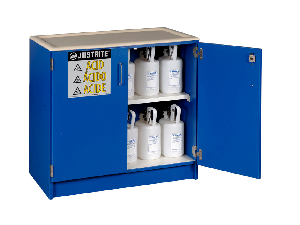Justrite Wood Laminate Corrosives Undercounter Safety Cabinet - Cap. Thirty-Six 2-1/2 Ltr Bottles - 2 Dr - Blue - 24140