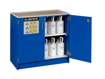 Justrite Wood Laminate Corrosives Undercounter Safety Cabinet - Cap. Thirty-Six 2-1/2 Ltr Bottles - 2 Dr - Blue - 24140