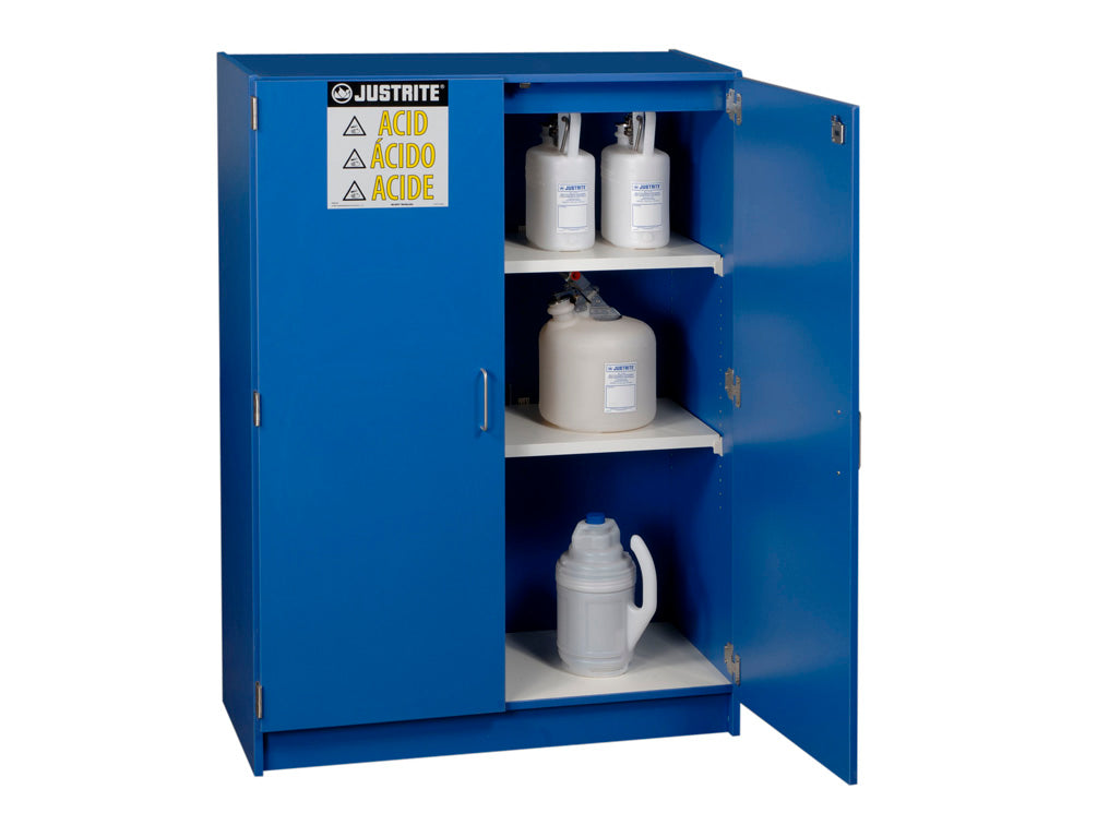 Justrite Wood Laminate Corrosives Safety Cabinet - Cap. Forty-Nine 2-1/2 Liter Bottles - 2 Doors - Blue - 24150