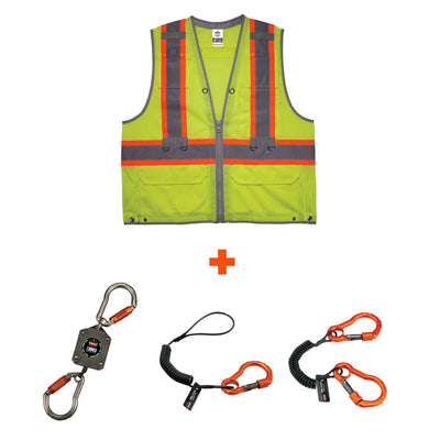 Ergodyne GloWear 8231TVK Hi-Vis Tool Tethering Safety Vest Kit - Type R, Class 2, Zipper, Dual Certified - Lime
