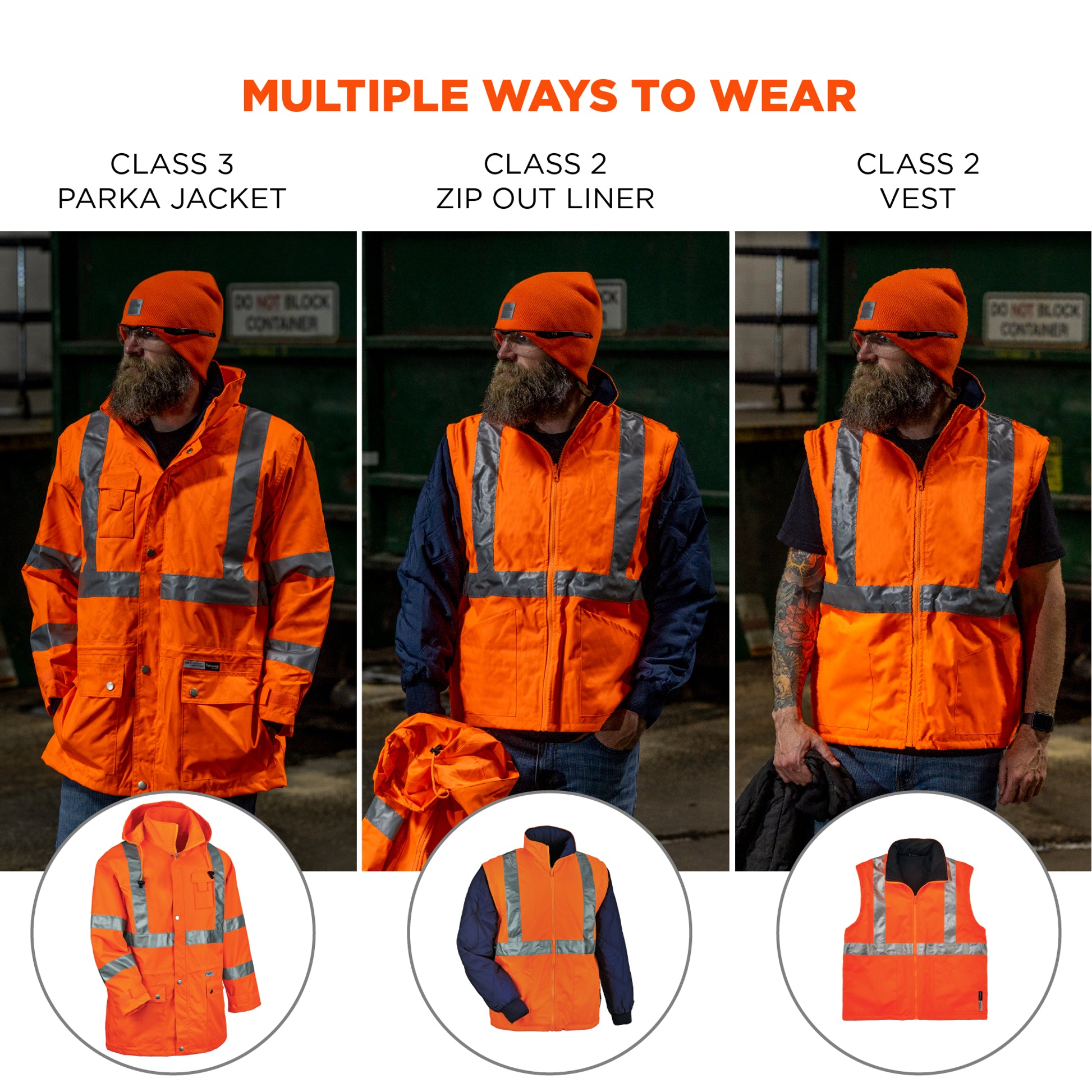 Ergodyne GloWear 8385 4-in-1 Hi-Vis Winter Jacket Parka - Type R, Class 3/2 - Orange