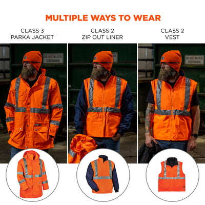 Ergodyne GloWear 8385 4-in-1 Hi-Vis Winter Jacket Parka - Type R, Class 3/2 - Orange