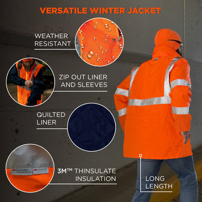 Ergodyne GloWear 8385 4-in-1 Hi-Vis Winter Jacket Parka - Type R, Class 3/2 - Orange