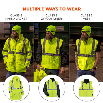 Ergodyne GloWear 8385 4-in-1 Hi-Vis Winter Jacket Parka - Type R, Class 3/2 - Lime