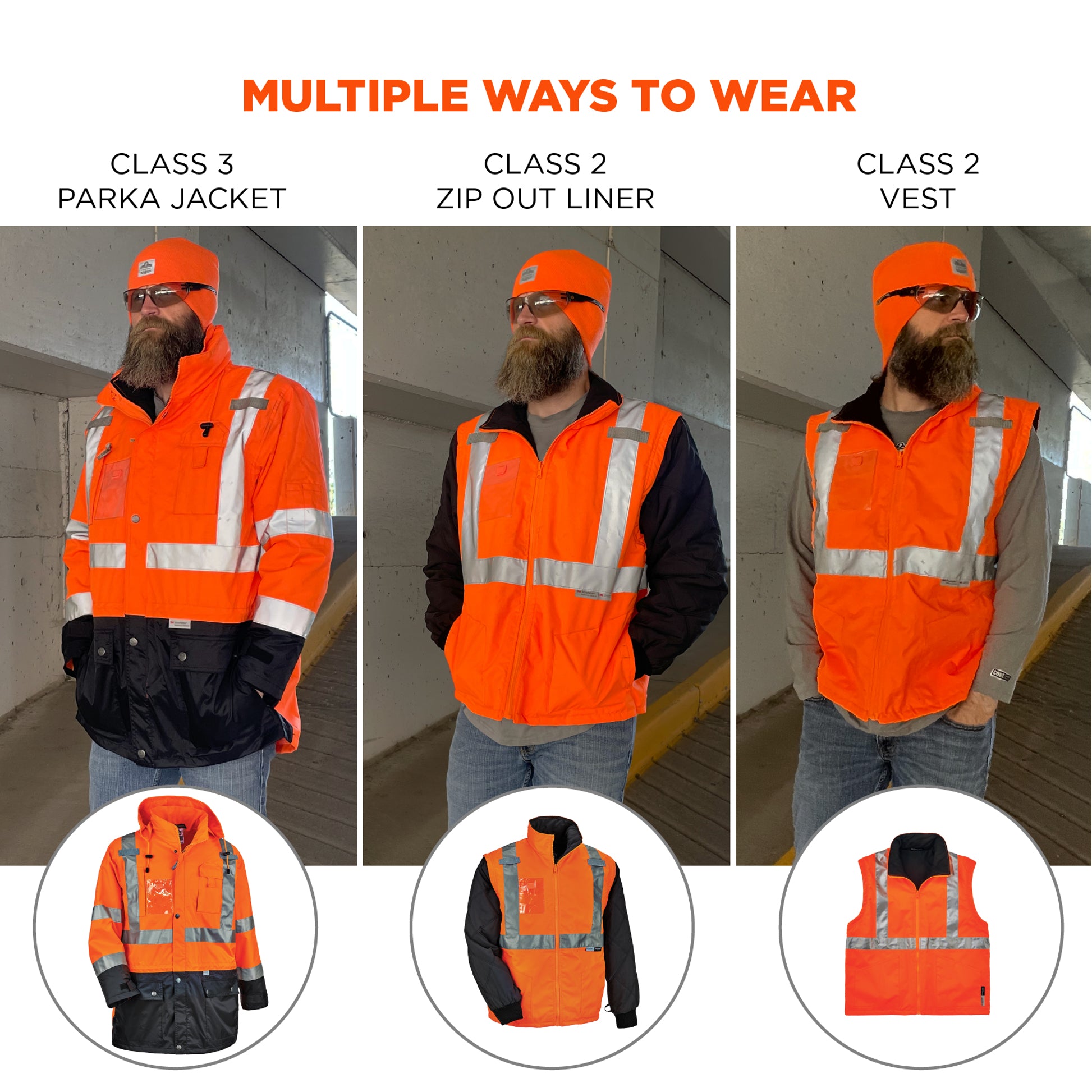 Ergodyne GloWear 8388 4-in-1 Hi-Vis Winter Jacket Parka with Black Bottom - Type R, Class 3/2 - Orange