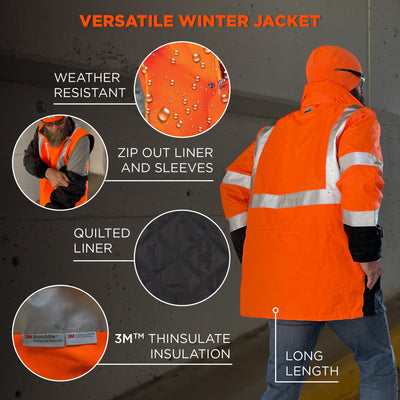 Ergodyne GloWear 8388 4-in-1 Hi-Vis Winter Jacket Parka with Black Bottom - Type R, Class 3/2 - Orange