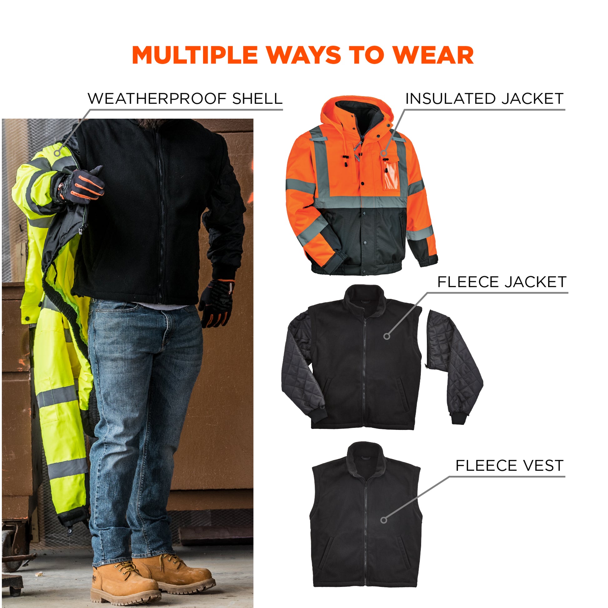 Ergodyne GloWear 8381 4-in-1 Hi-Vis Winter Bomber Jacket - Type R, Class 3 - Orange