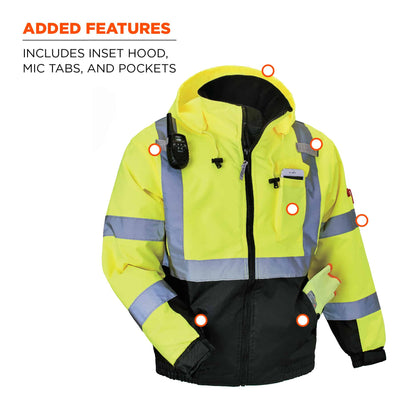 Ergodyne GloWear 8377 Hi-Vis Winter Bomber Jacket - Type R, Class 3 - Lime