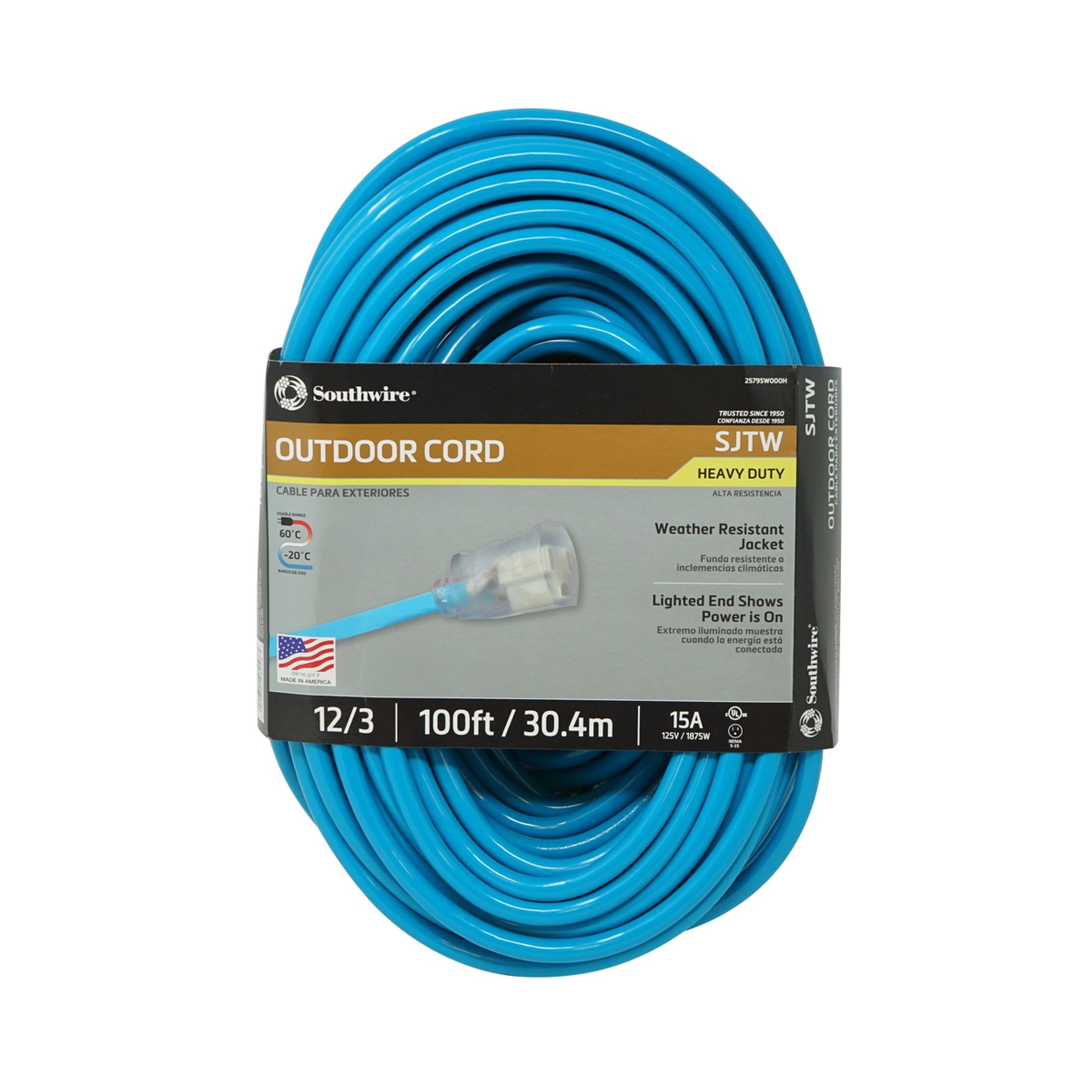 100 ft. Cool Blue 12/3 Vinyl Outdoor Extension Cord with Lighted End