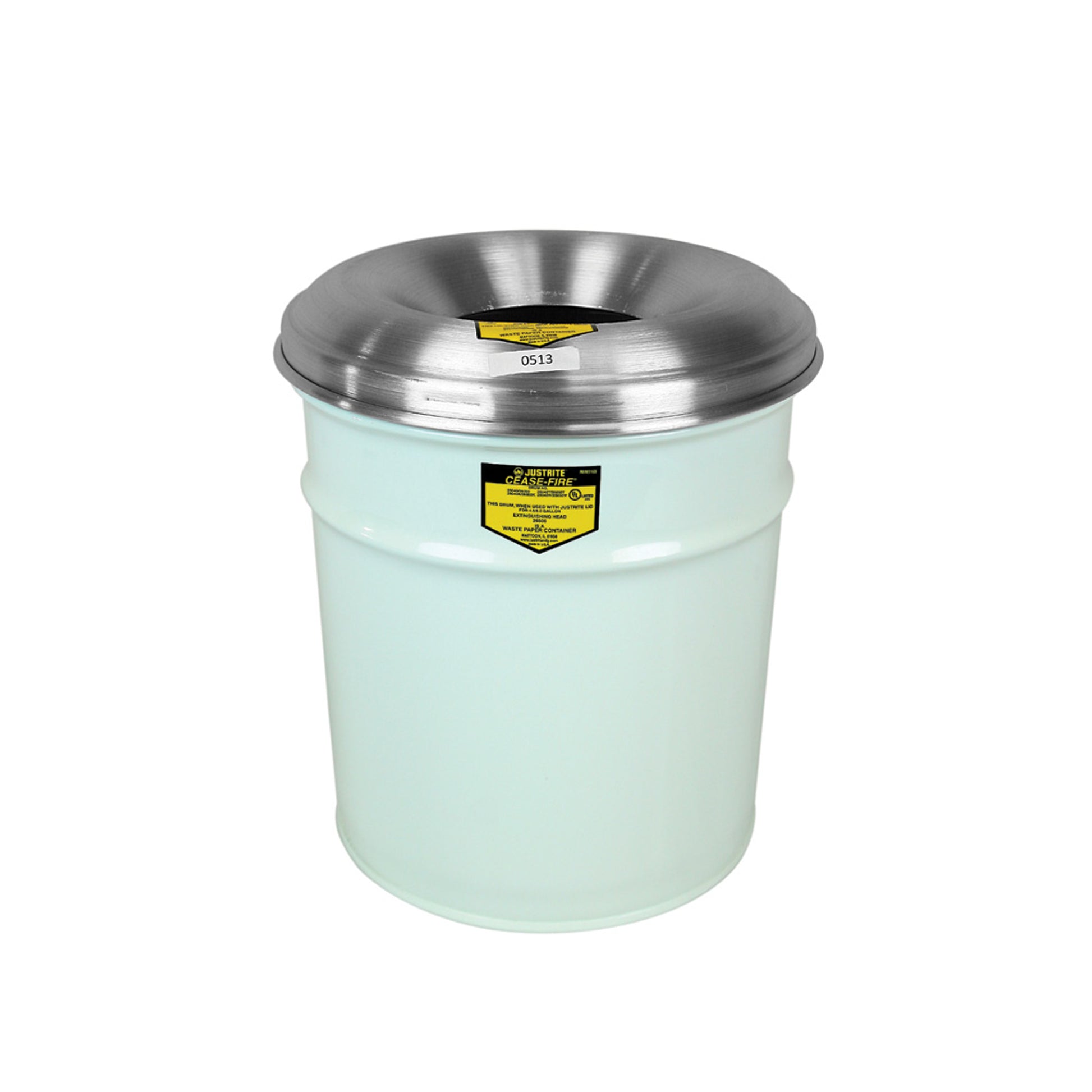 Justrite Cease-Fire Waste Receptacle - Safety Drum Can With Aluminum Head - 4.5 Gallon - White - 26604W