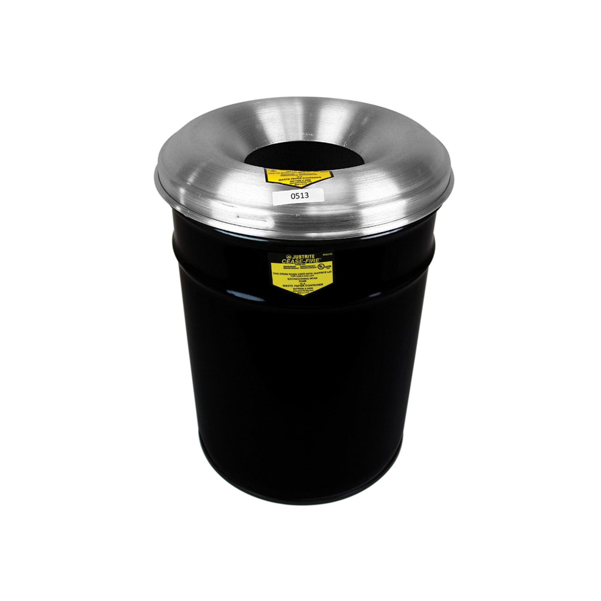Justrite Cease-Fire Waste Receptacle - Safety Drum Can With Aluminum Head - 15 Gallon - Black - 26615K