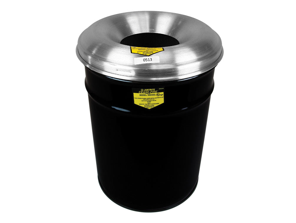 Justrite Cease-Fire Waste Receptacle - Safety Drum Can With Aluminum Head - 15 Gallon - Black - 26615K
