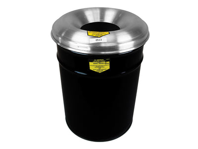 Justrite Cease-Fire Waste Receptacle - Safety Drum Can With Aluminum Head - 15 Gallon - Black - 26615K