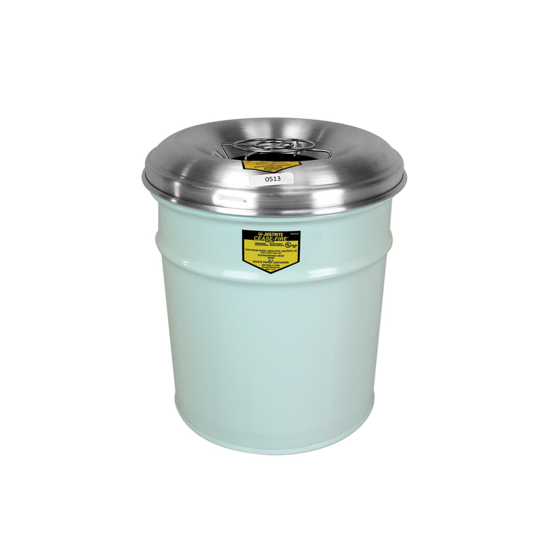 Justrite Cease-Fire Ash And Cigarette Butt Receptacle Drum With Aluminum Head W/Grill Guard - 4.5 Gal - White - 26624W