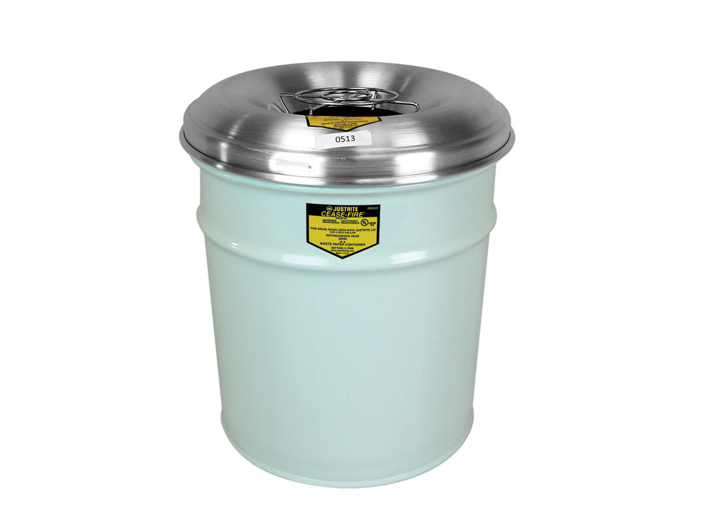 Justrite Cease-Fire Ash And Cigarette Butt Receptacle Drum With Aluminum Head W/Grill Guard - 4.5 Gal - White - 26624W