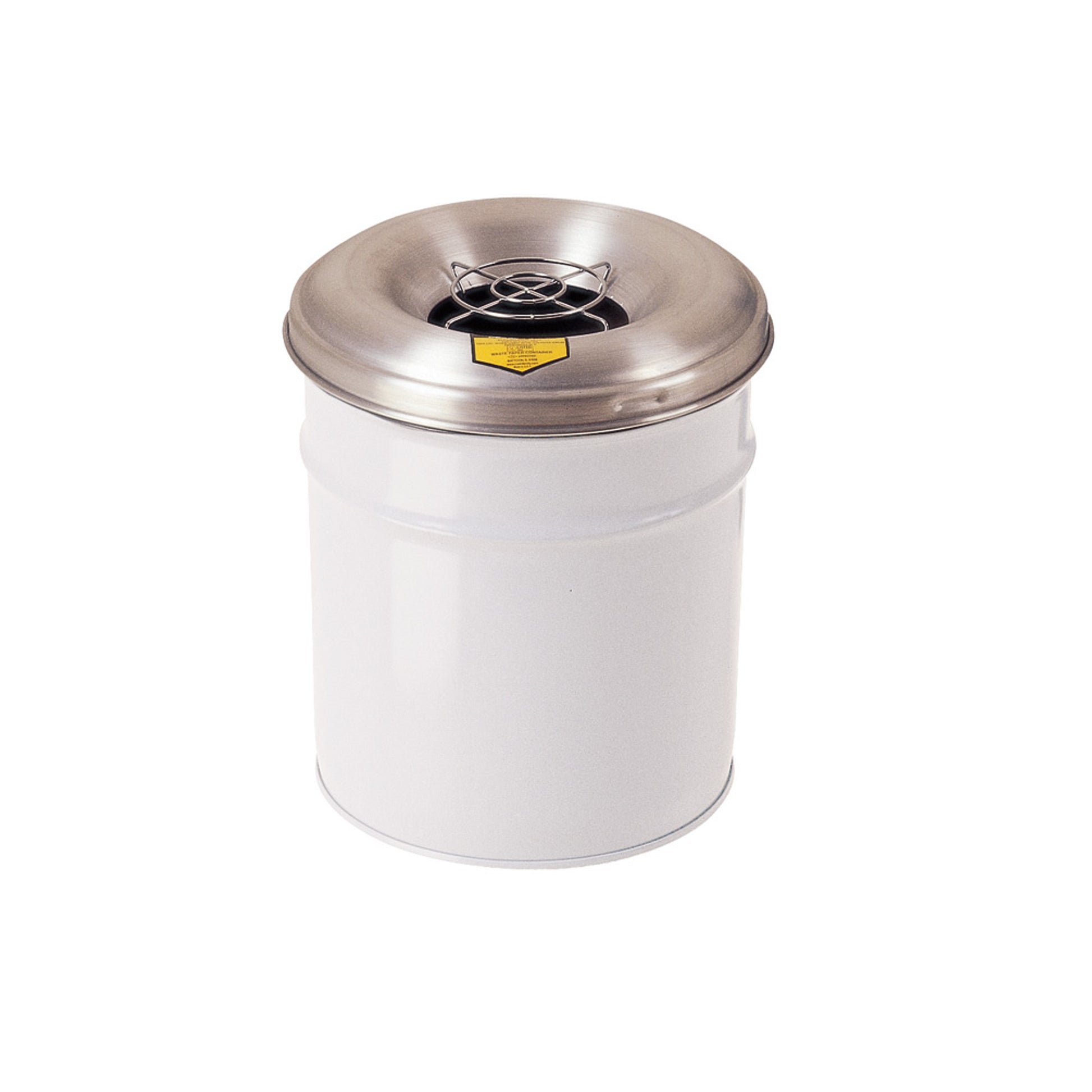 Justrite Cease-Fire Ash And Cigarette Butt Receptacle Drum With Aluminum Head W/Grill Guard - 6 Gal. - White - 26626W