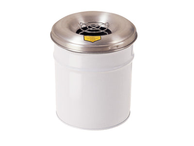 Justrite Cease-Fire Ash And Cigarette Butt Receptacle Drum With Aluminum Head W/Grill Guard - 6 Gal. - White - 26626W