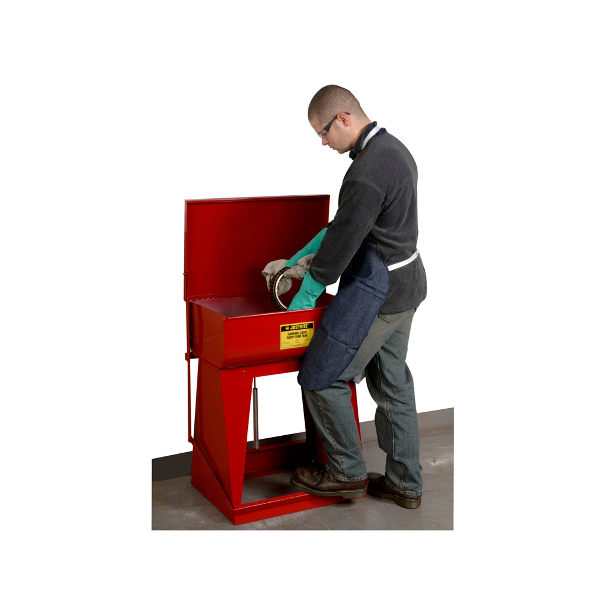 Justrite Rinse Tank - Floor-Standing - 11 Gallon - Foot-Operated Self-Close Cover - Drain Plug - Steel - Red - 27110