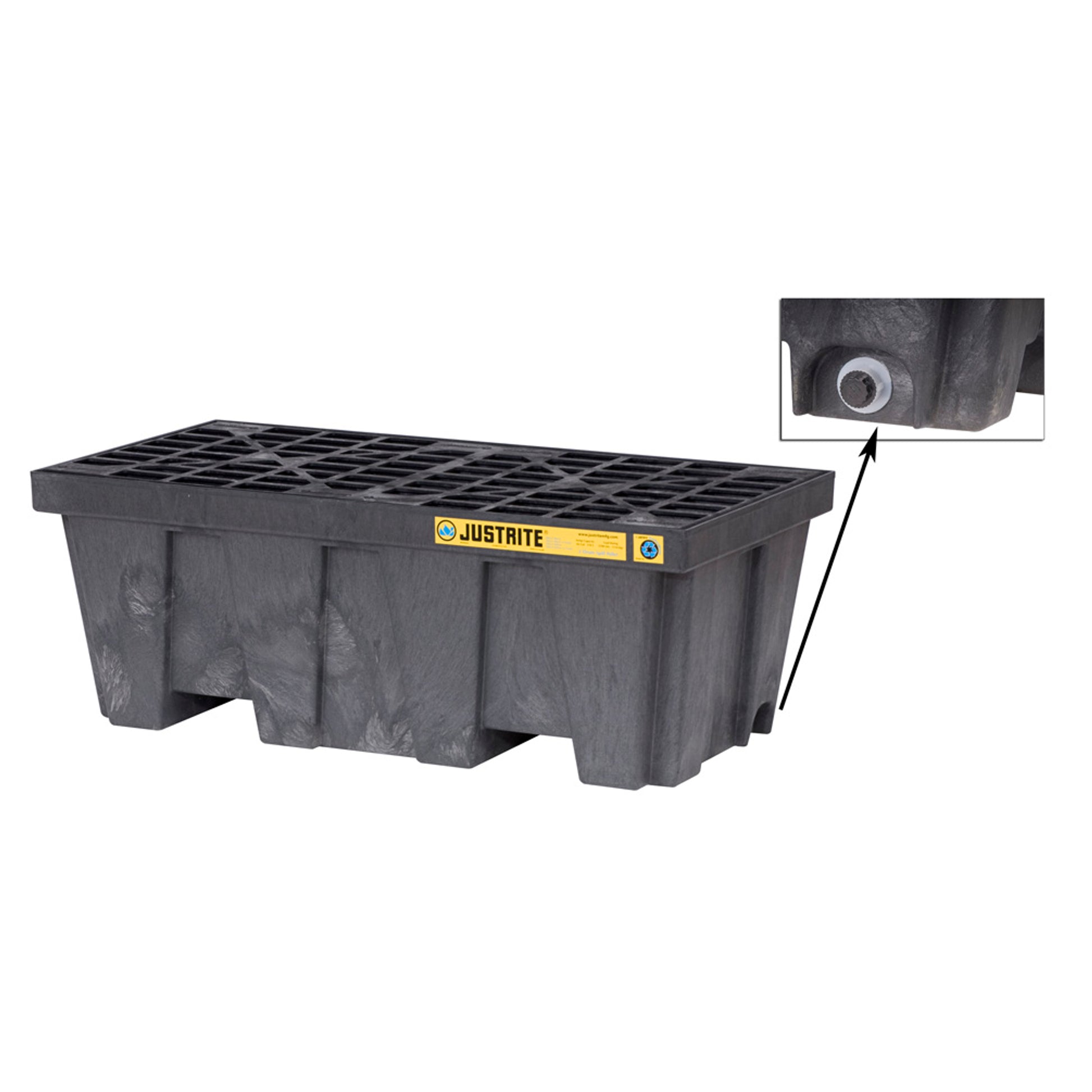 Justrite Ecopolyblend Spill Control Pallet With Drain - 2 Drum - 100% Recycled Polyethylene - Black - 28625