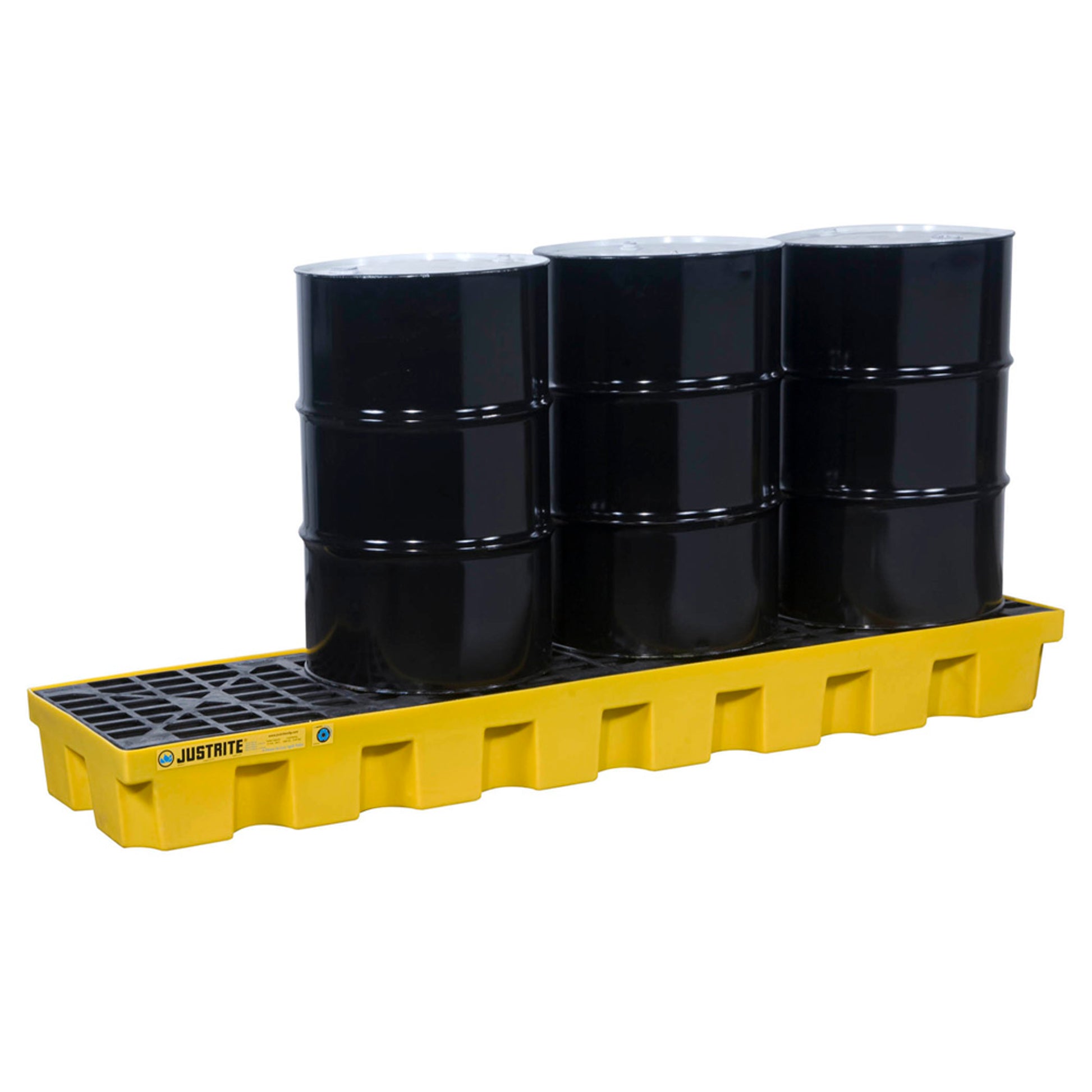 Justrite Ecopolyblend Spill Control Pallet With Drain - 4 Drum In-Line - 30% Recycled Polyethylene - Yellow - 28632