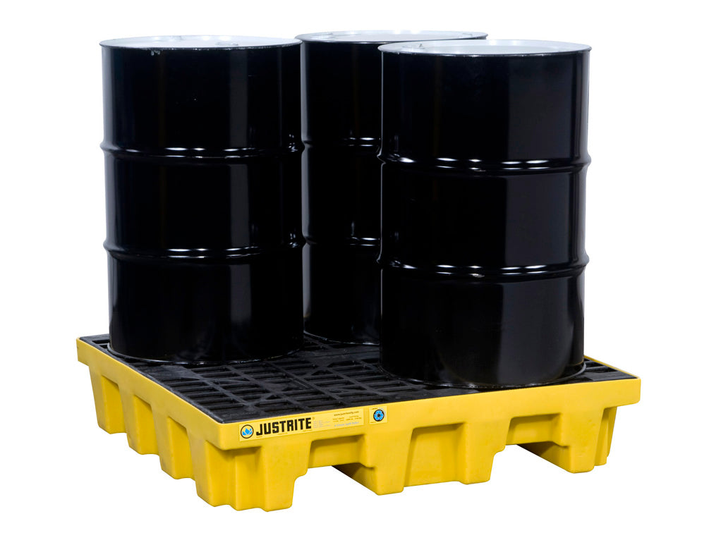 Justrite Ecopolyblend Spill Control Pallet With Drain - 4 Drum Square - 30% Recycled Polyethylene - Yellow - 28636