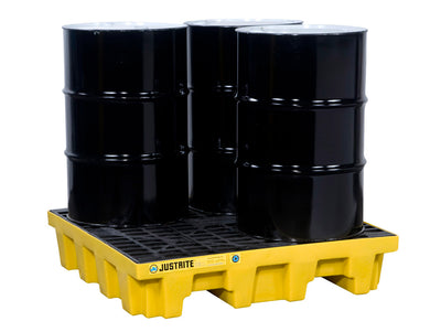 Justrite Ecopolyblend Spill Control Pallet With Drain - 4 Drum Square - 30% Recycled Polyethylene - Yellow - 28636
