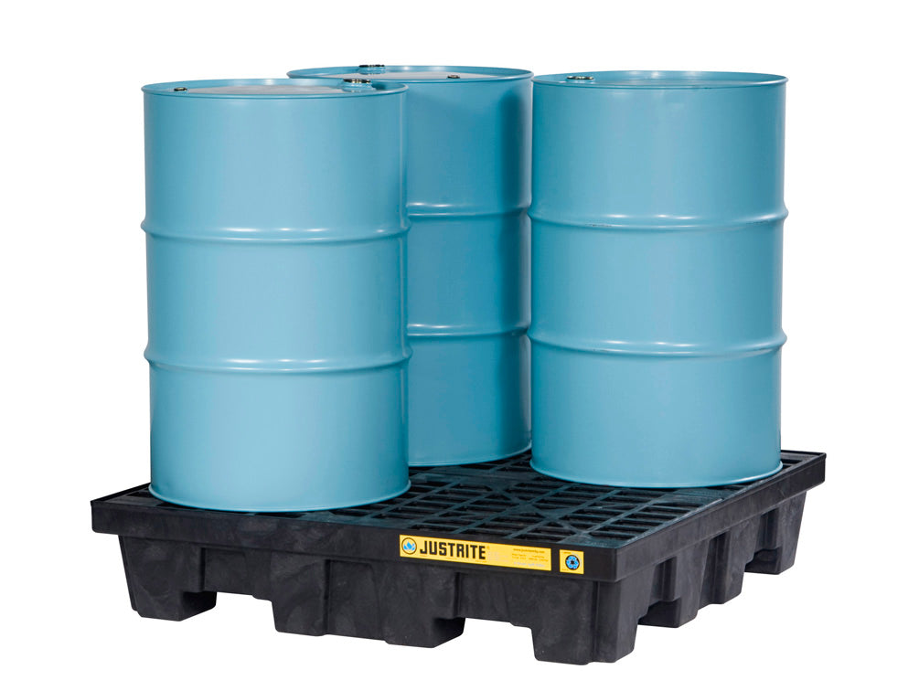 Justrite Ecopolyblend Spill Control Pallet With Drain - 4 Drum Square - 100% Recycled Polyethylene - Black - 28637