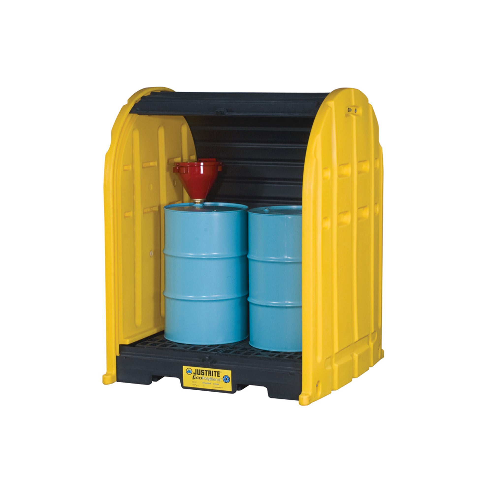 Justrite Ecopolyblend Drumshed With Rolltop Doors - Accommodates 2 Drums - Optional Ramp - Poly - 28675