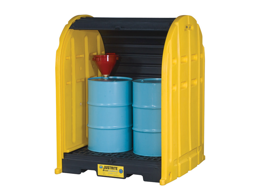 Justrite Ecopolyblend Drumshed With Rolltop Doors - Accommodates 2 Drums - Optional Ramp - Poly - 28675