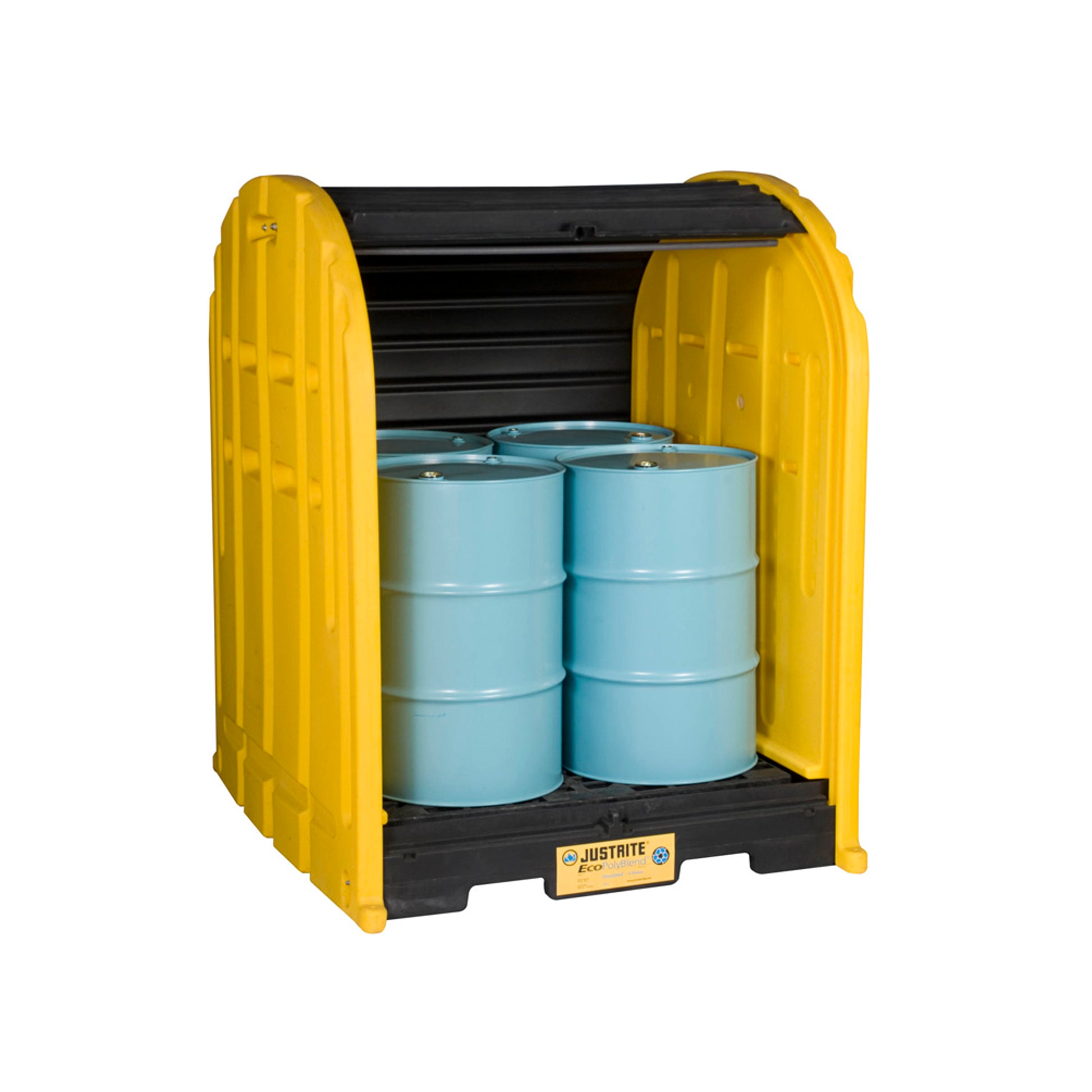 Justrite Ecopolyblend Drumshed With Rolltop Doors - Accommodates 4 Drums - Optional Ramp - Poly - 28676