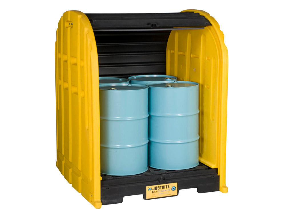 Justrite Ecopolyblend Drumshed With Rolltop Doors - Accommodates 4 Drums - Optional Ramp - Poly - 28676