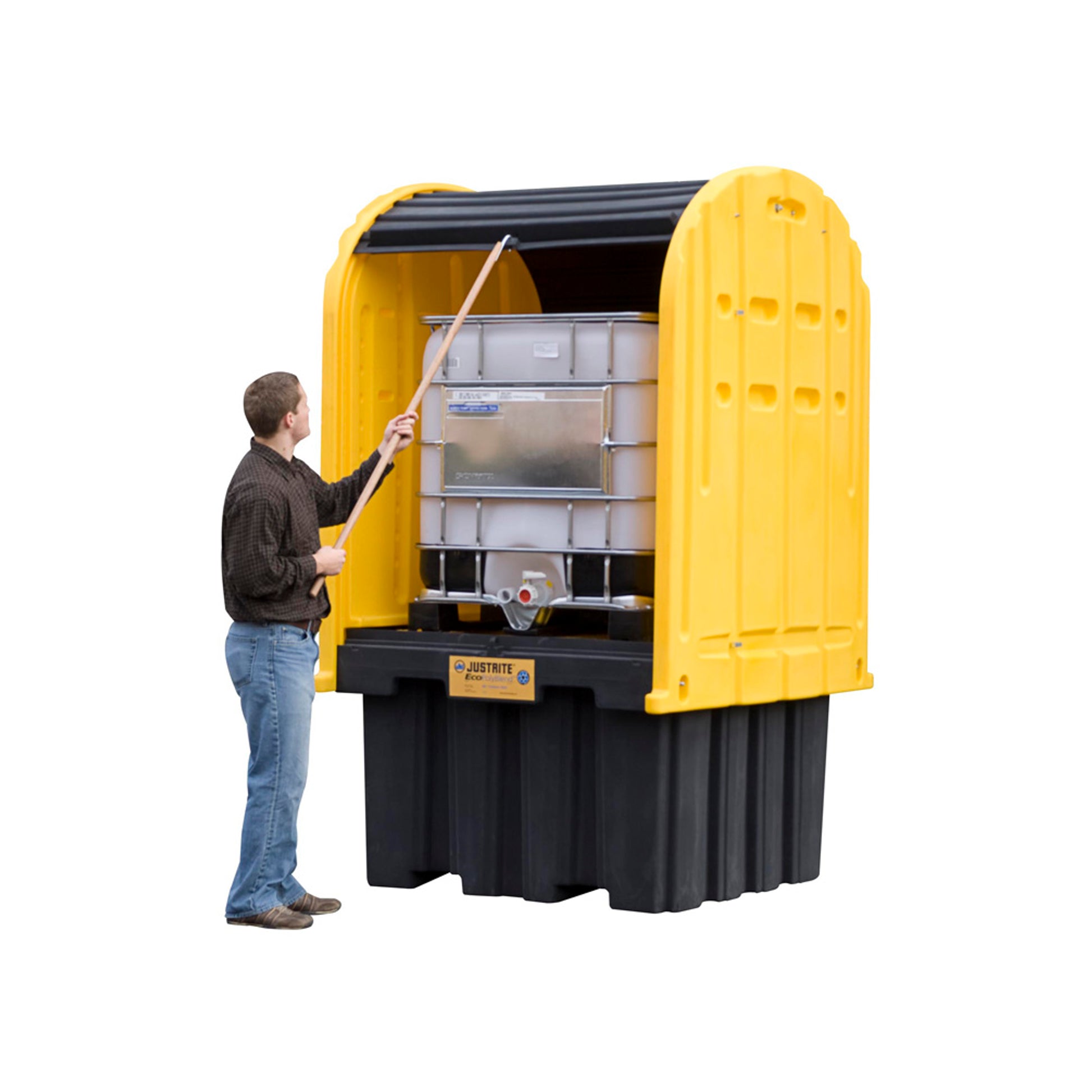 Justrite Ecopolyblend Ibc Outdoor Shed With Pallet - Forklift Pockets - Rolltop Doors - 40% Recycled Poly - 28677